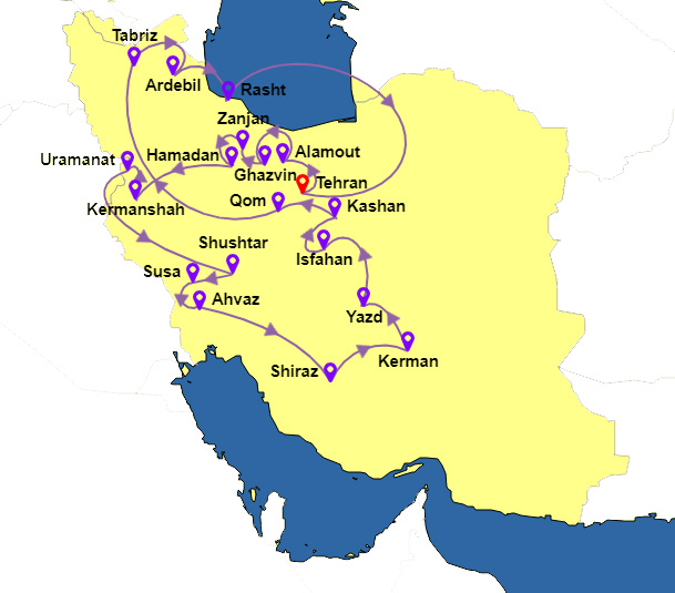 map - 30 Days independent tour of iran for solo travelers